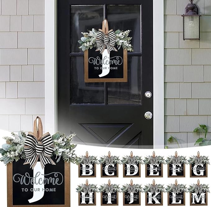 2024 New Last Name Year Round Front Door Wreath Front Porch Decoration 26 Letter Welcome Sign with Eucalyptus Garland and Bow Spring Wreaths for Front Door Outside Hanger Garland (J)