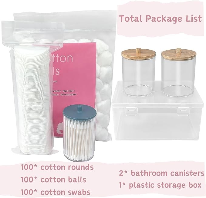 Beauty & Skincare Set In a Storage Box - Includes 100 Cotton Rounds 100 Cotton Balls 100 Cotton Swabs | 2pcs Qtip Holder Organizer For Bathroom & Vanity Organization - Personal Care Accessories Kit