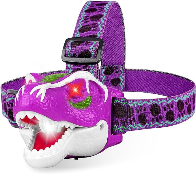 HLDYA Dinosaur LED Headlamp for Kids T-Rex Toy Kids Flashlights - Dinosaur Toys for Boys Girls Toddlers Camping Gear Outdoor Toys for Kids Birthday Halloween Stocking Stuffers Purple