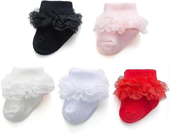 EPEIUS Baby-Girls Eyelet Turn Cuff Ruffle Lace Socks Triple Lace Dressy Socks Newborn/Infants/Toddlers 3/5 Pairs