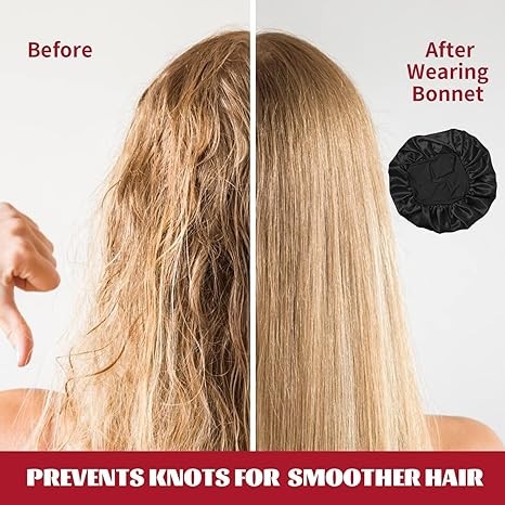 2Pcs Silk Bonnet for Sleeping, Satin Hair Bonnets, Soft Elastic Band Silk Sleep Cap, Silk Hair Wrap for Curly Hair Shower Cap (Black)